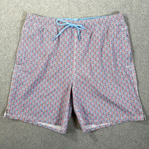 Johnston & Murphy Swim Trunks Men's Medium Blue/Pink Geometric Drawstring 7" Ins